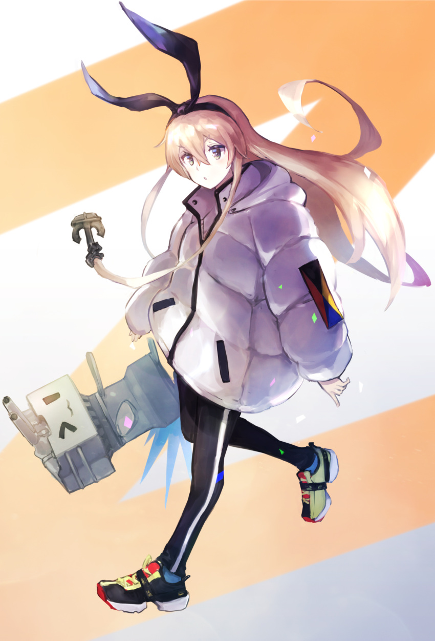 1girl alternate_costume anchor_hair_ornament black_pants blonde_hair coat full_body grey_eyes hair_between_eyes hair_ornament hairband highres kantai_collection long_hair long_sleeves looking_at_viewer open_mouth pants rensouhou-chan shimakaze_(kantai_collection) shoes smile sneakers track_pants weasel_(close-to-the-edge) white_coat winter_clothes winter_coat