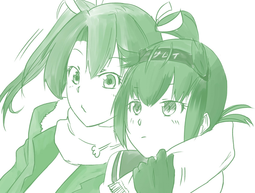 2girls ballpoint_pen_(medium) bangs gloves graphite_(medium) hair_flaps hair_ornament hairband hatsuzuki_(kantai_collection) headband ikazaemon_(ten_oto) jacket kantai_collection long_hair mechanical_pencil monochrome multiple_girls pencil scarf shared_scarf short_hair simple_background traditional_media zuikaku_(azur_lane)