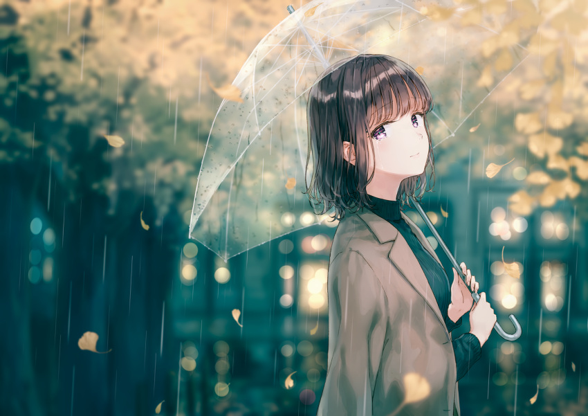 1girl autumn_leaves black_hair black_sweater blurry blurry_background brown_jacket closed_mouth coat commentary commentary_request crying depth_of_field eyebrows_visible_through_hair eyelashes ginkgo ginkgo_leaf high_collar hiten_(hitenkei) holding holding_umbrella jacket jacket_on_shoulders leaf long_sleeves looking_at_viewer open_clothes open_coat open_jacket original rain romaji_commentary short_hair sidelocks solo sweater tears transparent transparent_umbrella umbrella