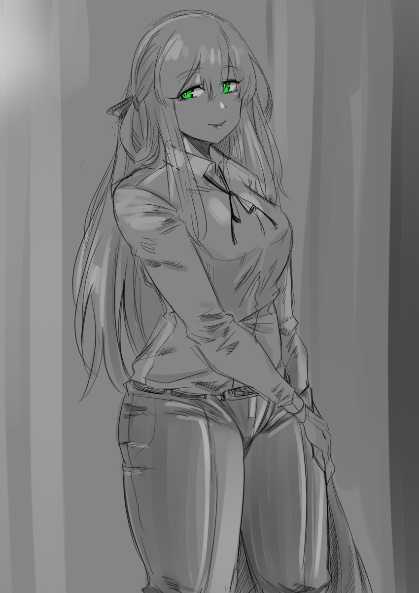 1girl absurdres girls_frontline green_eyes greyscale haho highres long_hair m1903_springfield_(girls_frontline) monochrome neck_ribbon pants ribbon smile solo spot_color tight tight_pants