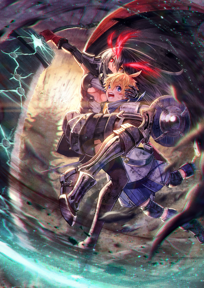 1boy 1girl armor black_hair blonde_hair blue_eyes breasts cape commentary fantasy gloves heterochromia highres kuroi_susumu motion_blur open_mouth orange_eyes original red_eyes shield short_hair sword under_boob weapon