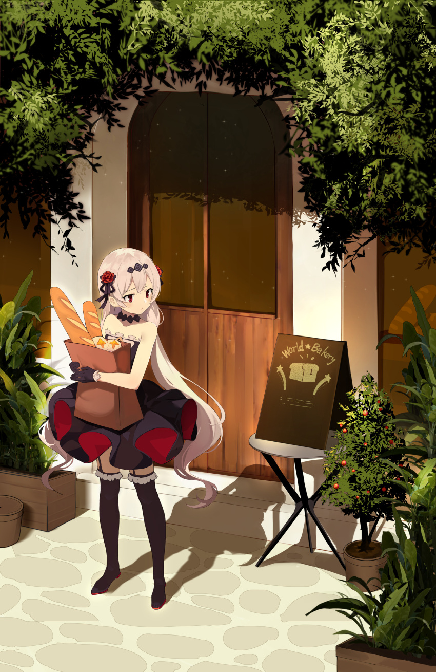 1girl absurdres bag baguette bangs bare_shoulders black_dress black_footwear black_gloves black_legwear black_ribbon boots bread closed_mouth commentary_request day door dress flamenco_dress flower food garter_straps gloves hair_flower hair_ornament hair_ribbon headpiece highres honkai_(series) honkai_impact_3rd long_hair looking_away looking_to_the_side meng_ge_3_(565571710) object_hug outdoors paper_bag plant pleated_dress potted_plant red_eyes red_flower red_rose ribbon rose shadow silver_hair solo standing strapless strapless_dress theresa_apocalypse theresa_apocalypse_(luna_kindred) thigh-highs thigh_boots tree very_long_hair