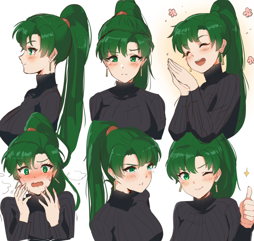 1girl bangs black_sweater blush breasts closed_eyes closed_mouth earrings embarrassed eyebrows_visible_through_hair fire_emblem fire_emblem:_the_blazing_blade hands_together hands_up highres jewelry lips long_sleeves looking_at_viewer lyn_(fire_emblem) medium_breasts multiple_views open_mouth ormille ponytail pout pouty_lips ribbed_sweater shiny shiny_hair simple_background sweater tears thumbs_up tied_hair turtleneck upper_body white_background