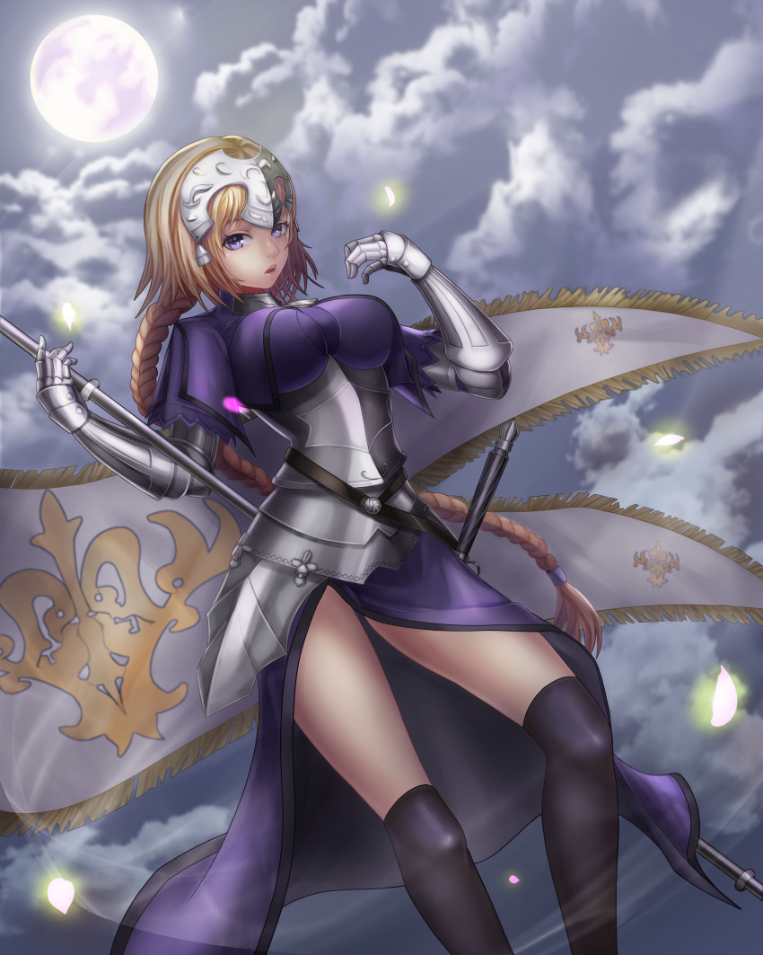 1girl absurdres armor blonde_hair braid breasts clouds cloudy_sky dutch_angle fate/grand_order fate_(series) headpiece highres jeanne_d'arc_(fate) jeanne_d'arc_(fate)_(all) large_breasts long_braid looking_at_viewer nayamer single_braid sky solo standard_bearer thigh-highs violet_eyes