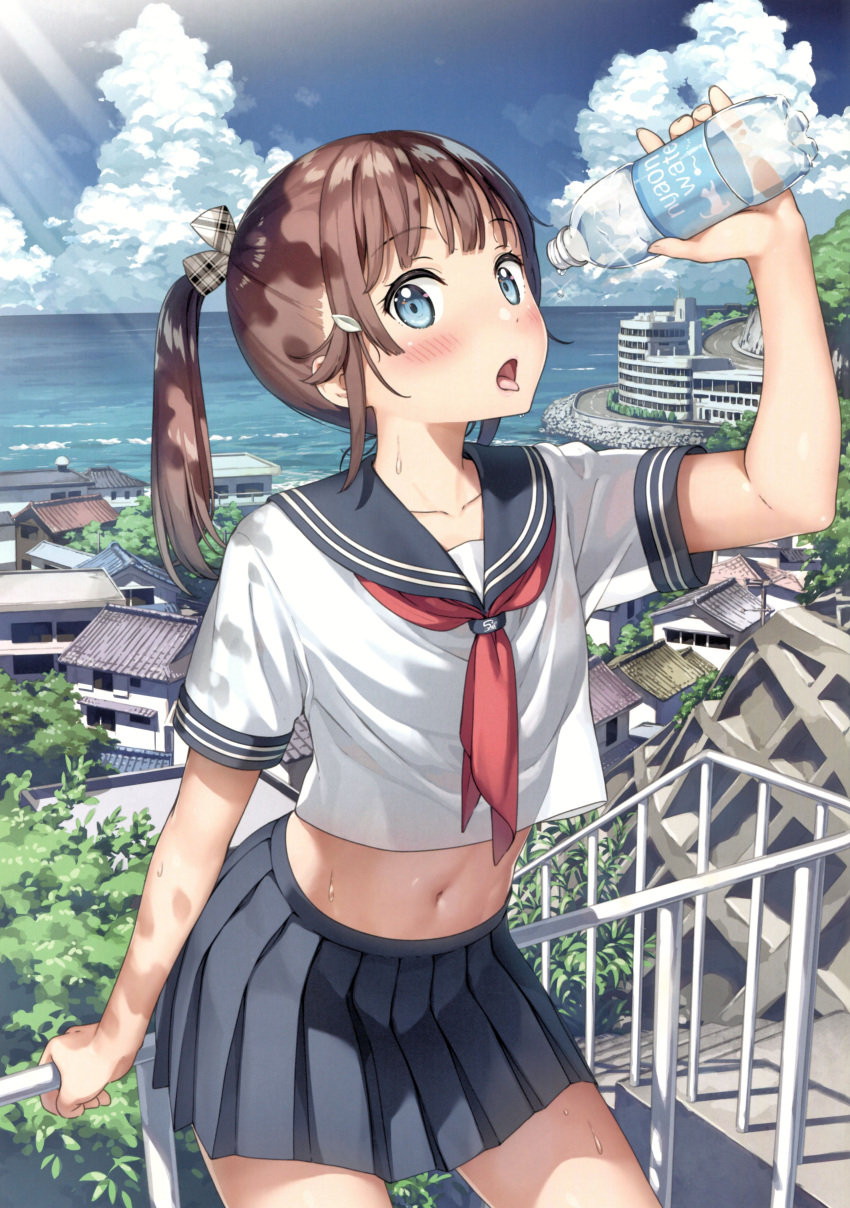 1girl absurdres arm_up blue_eyes blue_sky blush breasts brown_hair cowboy_shot crop_top day eyebrows_visible_through_hair hair_ornament hairclip highres horizon kantoku long_hair looking_at_viewer midriff navel original outdoors pleated_skirt ponytail scan school_uniform see-through_silhouette serafuku sidelocks sitting sitting_on_railing skirt sky small_breasts solo sunlight sweat tongue tongue_out water_boiler