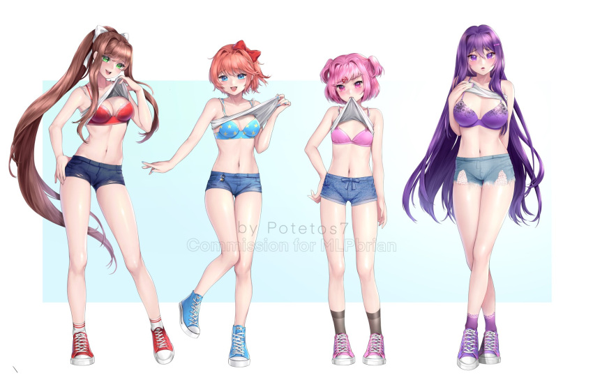 4girls :d alternate_costume arms_behind_back artist_name bangs bare_shoulders blue_background blue_bra blue_eyes blue_nails blush bow bra breasts brown_hair camisole camisole_lift casual collarbone commentary commission cross-laced_footwear crossed_legs cutoffs denim denim_shorts doki_doki_literature_club eyebrows_visible_through_hair fang full_body green_eyes hair_between_eyes hair_bow hair_ornament hair_ribbon hairclip hand_on_hip hand_on_own_chest hand_up highres large_breasts lifted_by_self long_hair looking_at_viewer medium_breasts midriff monika_(doki_doki_literature_club) mouth_hold multiple_girls natsuki_(doki_doki_literature_club) navel open_mouth pink_bra pink_eyes pink_hair ponytail potetos7 print_bra purple_bra purple_hair purple_nails red_bow red_bra ribbon sayori_(doki_doki_literature_club) shoes short_hair short_shorts shorts simple_background small_breasts smile spaghetti_strap standing star star_print symbol_commentary two_side_up underwear very_long_hair violet_eyes watermark watson_cross white_background white_camisole white_ribbon yuri_(doki_doki_literature_club)