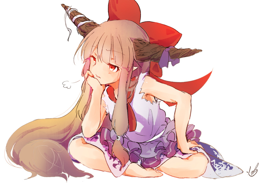 1girl =3 arm_support bangs bare_legs barefoot big_hair blue_ribbon blue_skirt blunt_bangs blush bow brown_hair chin_rest commentary_request eyebrows_visible_through_hair frilled_shirt frills hair_bow hair_over_shoulder half-closed_eyes hand_on_hip hand_up highres horn_ribbon horns htk_mikan ibuki_suika indian_style large_bow long_hair looking_away looking_to_the_side neckerchief orange_eyes pointy_ears red_bow red_neckwear ribbon sash shirt sidelocks sigh signature simple_background sitting skirt sleeveless sleeveless_shirt solo torn_clothes torn_sleeves touhou very_long_hair white_background white_ribbon white_shirt