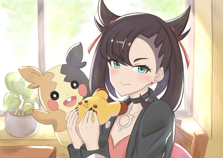 1girl aqua_eyes asymmetrical_bangs asymmetrical_hair bangs black_hair black_jacket black_nails blush breasts choker collarbone commentary_request dress earrings eyebrows_visible_through_hair food hair_ribbon highres holding holding_food indoors jacket jewelry kageno_96 long_sleeves looking_at_viewer mary_(pokemon) morpeko open_clothes pikachu pink_dress plant pokemon pokemon_(game) pokemon_swsh red_ribbon ribbon smile twintails