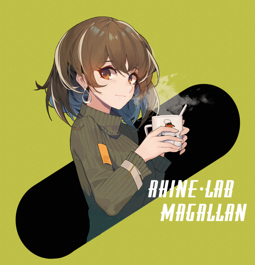 1girl arknights bangs brown_hair character_name closed_eyes coffee_mug cropped_torso cup earrings eyebrows_visible_through_hair from_side glint green_background green_sweater grey_hair highres holding holding_cup jewelry long_sleeves looking_at_viewer looking_to_the_side magallan_(arknights) mongarit mug multicolored_hair orange_eyes short_hair solo steam streaked_hair sweater turtleneck turtleneck_sweater two-tone_background upper_body