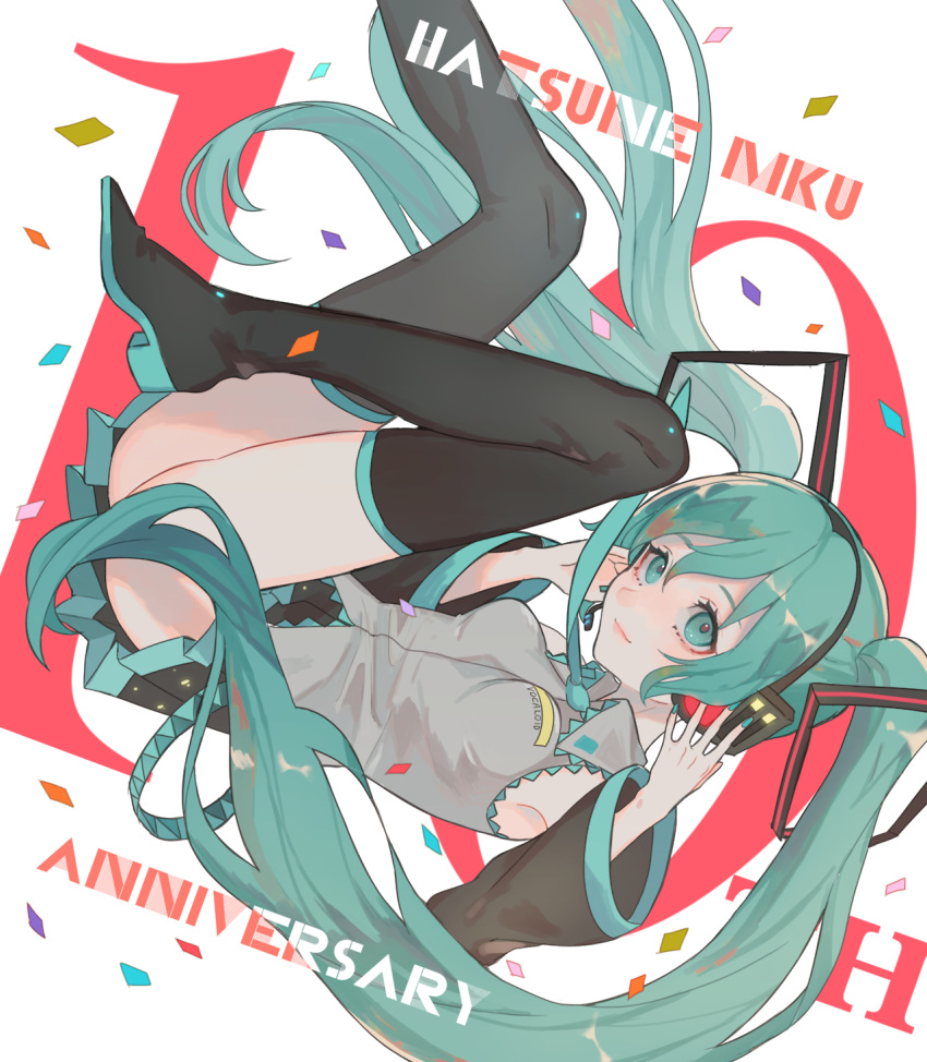 1girl anniversary aqua_eyes aqua_hair aqua_nails armpits ass boots breasts character_name confetti detached_sleeves eyelashes falling hands_up hatsune_miku headphones highres kirudai light_smile lips long_hair nail_polish necktie pleated_skirt simple_background skirt small_breasts solo thigh-highs thigh_boots thighs twintails very_long_hair vest vocaloid white_background