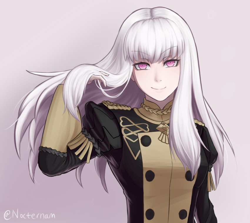 1girl closed_mouth fire_emblem fire_emblem:_three_houses fire_emblem:_three_houses garreg_mach_monastery_uniform highres intelligent_systems koei_tecmo long_hair long_sleeves lysithea_von_ordelia nintendo nocternam pink_eyes simple_background smile solo twitter_username uniform upper_body white_hair