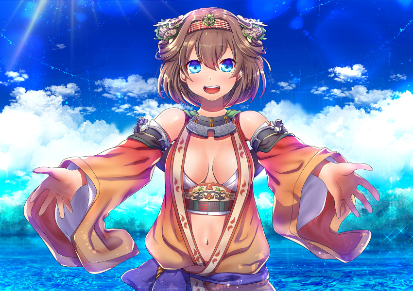 1girl :d bare_shoulders blue_eyes blue_sky breasts brown_hair dark_skin detached_sleeves eyebrows_visible_through_hair large_breasts looking_at_viewer navel open_clothes open_mouth orange_sleeves oshiro_project oshiro_project_re outstretched_arms short_hair shuri_(oshiro_project) sky smile solo spread_arms suou_sakura upper_body