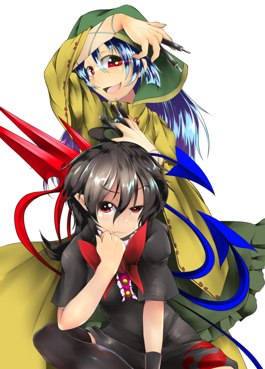 2girls ahoge apron arm_ribbon arm_up asymmetrical_wings behind_another between_fingers black_dress black_hair black_legwear blue_hair bow bowtie bright_pupils chisel commentary_request dress elbow_on_knee eyebrows_visible_through_hair green_hood grimace hair_between_eyes hand_on_own_chest hand_on_own_chin haniyasushin_keiki head_tilt highres hood houjuu_nue leaning_to_the_side long_hair long_sleeves looking_at_viewer medium_hair multiple_girls open_mouth red_eyes red_neckwear ribbon shiny shiny_hair short_dress short_sleeves sitting smile sweatdrop teinba thigh-highs touhou uneven_eyes very_long_hair wavy_mouth wings wrist_cuffs yellow_dress