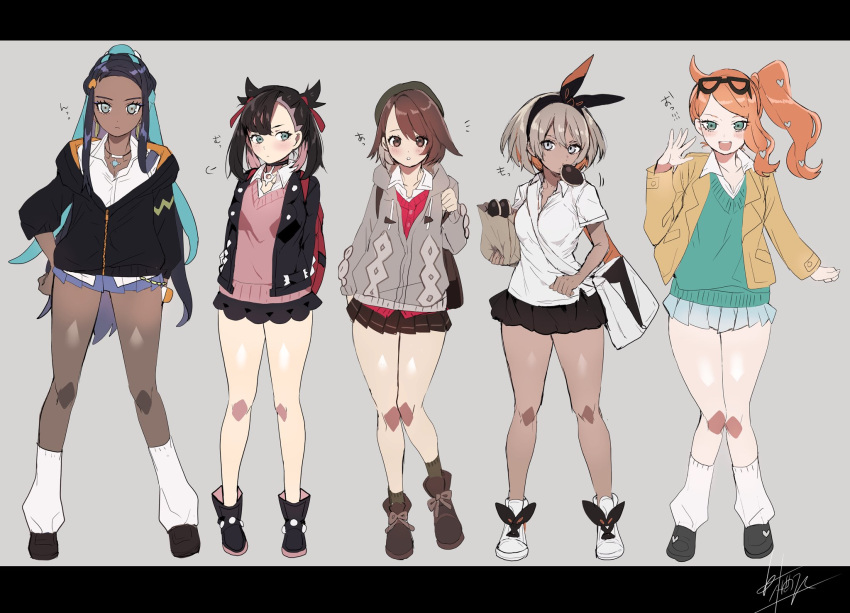 5girls :o alternate_costume aqua_eyes armlet asymmetrical_bangs backpack bag bangs belly_chain beret between_breasts black_choker black_footwear black_hair black_jacket black_ribbon black_skirt blue_cardigan blue_eyes blue_hair blue_skirt blush boots breasts brown_eyes brown_footwear brown_hair brown_jacket brown_legwear brown_skirt cardigan choker collarbone collared_shirt dark_skin drawstring earrings eyebrows_visible_through_hair eyewear_on_head food_in_mouth full_body glasses green_headwear grey_background grey_cardigan grey_eyes gym_leader hair_between_eyes hair_bun hair_ornament hair_ribbon hand_up hat heart heart_hair_ornament highres holding holding_bag holding_strap hood hood_down hooded_cardigan hooded_jacket hoop_earrings jacket jewelry letterboxed long_hair long_sleeves looking_at_viewer mary_(pokemon) mashiro_(rikuya) medium_breasts miniskirt mouth_hold multicolored_hair multiple_girls necklace open_clothes open_jacket open_mouth orange_hair paper_bag parted_lips pink_hair pleated_skirt pokemon pokemon_(game) pokemon_swsh red_cardigan red_ribbon ribbon round_teeth rurina_(pokemon) saitou_(pokemon) school_uniform shirt short_sleeves shoulder_bag side_ponytail simple_background skirt smile socks sonia_(pokemon) standing strap_between_breasts sweater_vest teeth twintails two-tone_hair waving white_footwear white_legwear white_shirt white_skirt yuuri_(pokemon) zipper zipper_pull_tab