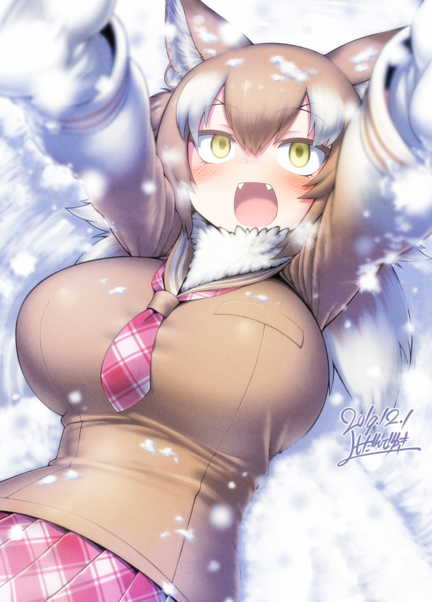1girl animal_ear_fluff animal_ears arms_up blush breast_pocket breasts brown_hair dated day empty_eyes eyebrows_visible_through_hair fangs fur_collar gloves green_eyes hair_between_eyes happy highres impossible_clothes japanese_wolf_(kemono_friends) kemono_friends large_breasts long_hair long_sleeves looking_up lying multicolored_hair necktie on_back open_mouth outdoors outstretched_arms plaid plaid_neckwear plaid_skirt pocket sailor_collar signature skirt smile snow snowing solo sweater two-tone_hair upper_body white_gloves white_hair wolf_ears yoshida_hideyuki