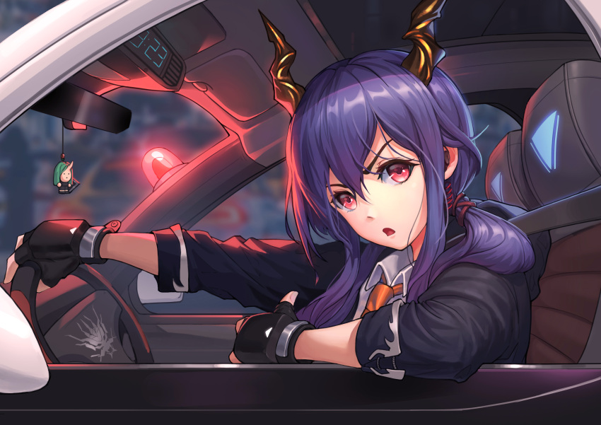 1girl absurdres arknights bangs beacon black_gloves black_jacket blue_hair blurry car_interior ch'en_(arknights) character_doll clock collared_shirt dragon_girl dragon_horns elbow_rest fingerless_gloves from_outside from_side gloves glowing hair_between_eyes hair_over_shoulder hair_tie highres horns jacket left-hand_drive long_hair looking_at_viewer necktie orange_neckwear outstretched_arm pointing pointing_at_self rear-view_mirror red_eyes seatbelt shirt sidelocks sleeves_folded_up solo steering_wheel thumbs_up twintails upper_body white_shirt zzk