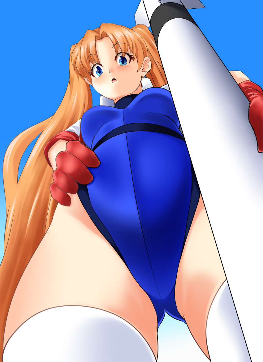 1girl absurdres ass_visible_through_thighs athletic_leotard blue_eyes blue_leotard breasts brown_hair from_below gloves groin hand_on_hip highleg highleg_leotard highres jacket leotard long_hair looking_at_viewer looking_down missile nanao_futaba numan_athletics open_mouth red_gloves sharon_les_halles solo thigh-highs thighs very_long_hair white_jacket white_legwear