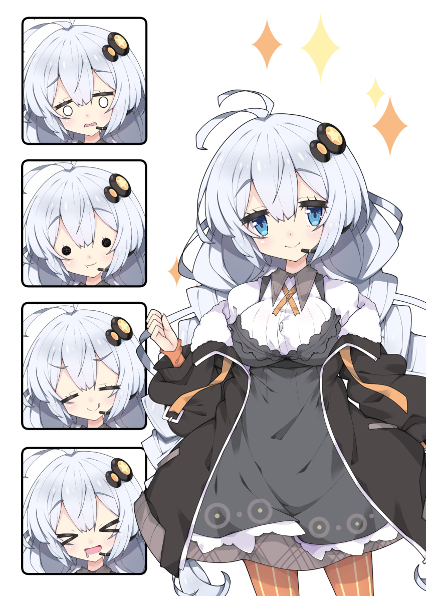 &gt;_&lt; 1girl :d :q :t antenna_hair bangs black_jacket blue_eyes braid breasts closed_eyes closed_mouth commentary_request dress drooling expressions eyebrows_visible_through_hair grey_dress hair_between_eyes hair_ornament hand_up headset highres jacket kizuna_akari large_breasts long_hair low_twintails milkpanda mouth_hold o_o open_clothes open_jacket open_mouth orange_legwear pantyhose parted_lips puffy_short_sleeves puffy_sleeves shirt short_sleeves sidelocks silver_hair sleeveless sleeveless_dress sleeves_past_wrists smile star striped striped_legwear tongue tongue_out twin_braids twintails vertical-striped_legwear vertical_stripes very_long_hair voiceroid wavy_mouth white_shirt xd