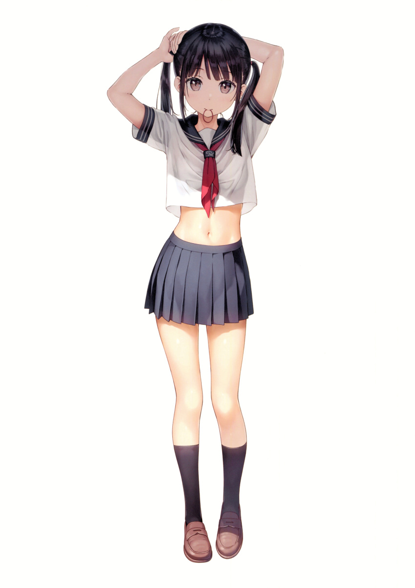 1girl absurdres adjusting_hair bangs black_legwear blue_sailor_collar blue_skirt brown_eyes crop_top eyebrows_visible_through_hair full_body hair_tie_in_mouth highres kantoku loafers long_hair looking_at_viewer midriff mouth_hold navel original pleated_skirt red_neckwear sailor_collar scan school_uniform see-through_silhouette serafuku shoes short_hair short_sleeves simple_background skirt socks solo standing twintails white_background
