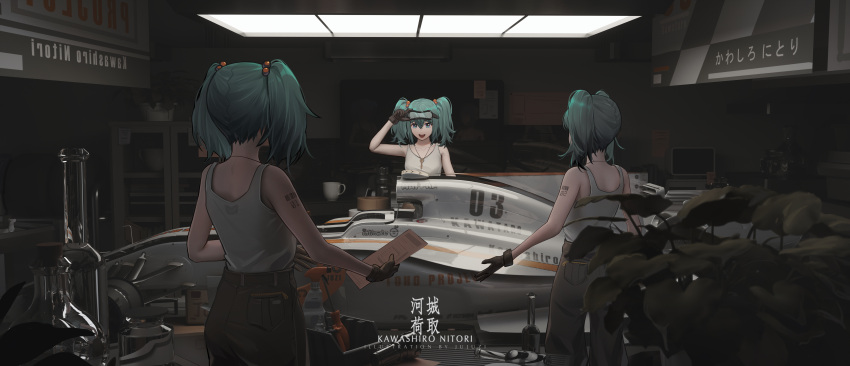 3girls :d absurdres adjusting_goggles aqua_eyes aqua_hair arm_up bangs bare_arms bare_shoulders black_gloves character_name commentary_request from_behind gloves goggles goggles_on_head grey_pants hair_between_eyes hair_bobbles hair_ornament highres holding indoors kawashiro_nitori key looking_at_viewer multiple_girls multiple_persona no_hat no_headwear open_mouth pants short_hair shoulder_tattoo smile tank_top tattoo touhou translated twintails upper_body vehicle white_tank_top xtears_kitsune