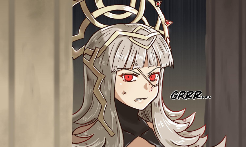 1girl anger_vein clenched_teeth crown english_text fire_emblem fire_emblem_heroes grey_hair hair_ornament long_hair nyawn5 red_eyes solo teeth upper_body veronica_(fire_emblem)