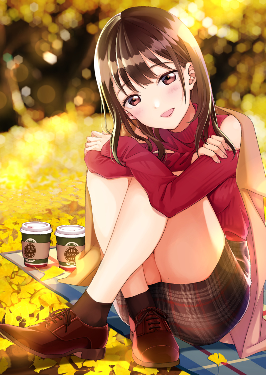 1girl :d bangs black_legwear black_skirt blurry blurry_background blush brown_eyes brown_footwear brown_hair brown_jacket coffee_cup commentary_request crossed_arms crossed_legs cup deoxys disposable_cup eyebrows_visible_through_hair ginkgo_leaf head_tilt highres jacket jacket_on_shoulders long_hair long_sleeves looking_at_viewer matsuzaki_miyuki mole mole_under_eye open_mouth original plaid plaid_skirt red_shirt shirt shoulder_cutout sitting skirt sleeves_past_wrists smile socks solo