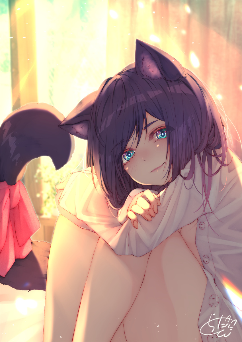 1girl animal_ear_fluff animal_ears backlighting black_hair blue_eyes blurry blurry_background blush cat_ears cat_girl cat_tail chita_(ketchup) commentary_request depth_of_field dress_shirt fangs highres indoors knees_up leg_hug long_hair long_sleeves looking_at_viewer original parted_lips red_ribbon ribbon shirt signature sitting sleeves_past_wrists solo tail tail_ribbon white_shirt