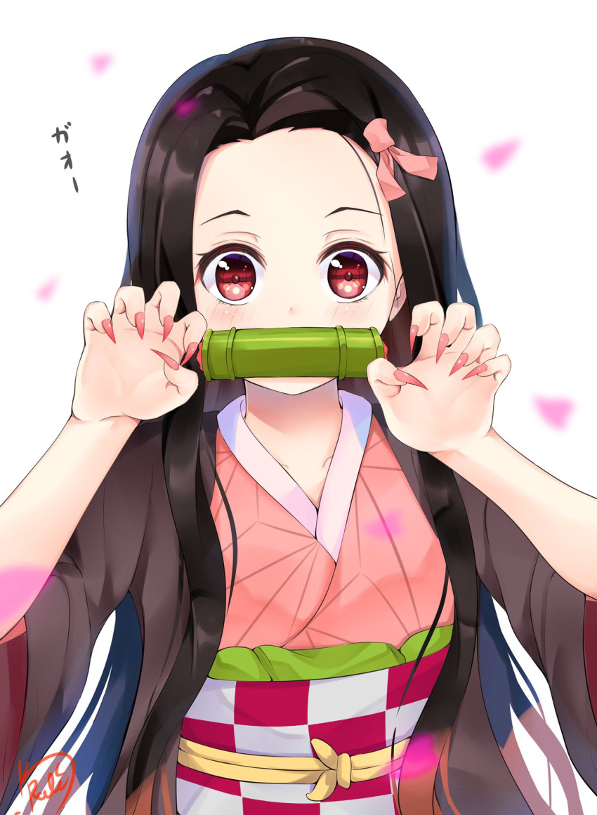 1girl arms_up bamboo bangs bit_gag black_hair black_haori blush gag hair_ribbon haori highres japanese_clothes kamado_nezuko kimetsu_no_yaiba kimono kurorakudaaa long_hair long_sleeves looking_at_viewer oni parted_bangs petals pink_eyes pink_kimono pink_nails pink_ribbon ribbon simple_background solo upper_body white_background wide_sleeves