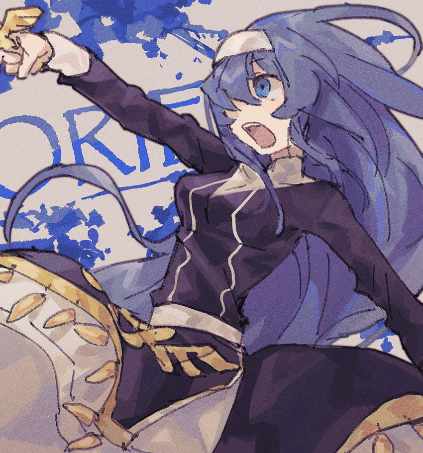 1girl ahoge blue_eyes blue_hair breasts character_name dress hair_over_one_eye hairband highres holding holding_sword holding_weapon huge_ahoge long_hair medium_breasts nazo_smile open_mouth orie_(under_night_in-birth) rapier solo sword under_night_in-birth very_long_hair weapon white_background white_hairband
