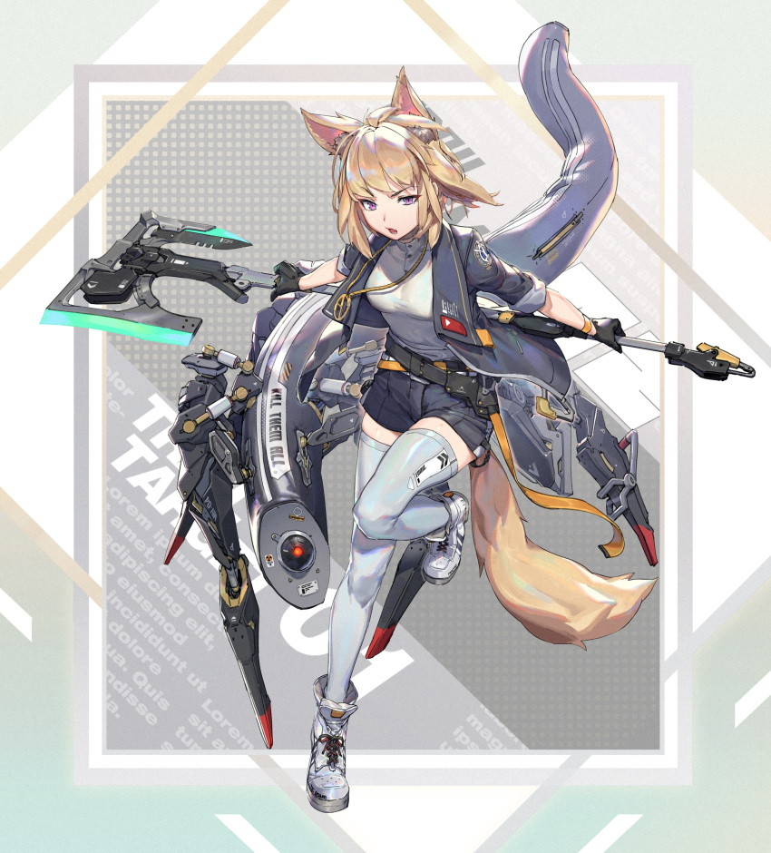 1girl absurdres ahoge animal_ears axe belt black_gloves black_jacket blonde_hair eyebrows_visible_through_hair fang fox_ears fox_tail gloves grey_legwear highres holding holding_axe holding_weapon jacket jewelry lower_teeth mecha necklace nogchasaeg_(karon2848) open_mouth original shoes short_shorts shorts sleeve_rolled_up sneakers solo tail teeth thigh-highs violet_eyes weapon