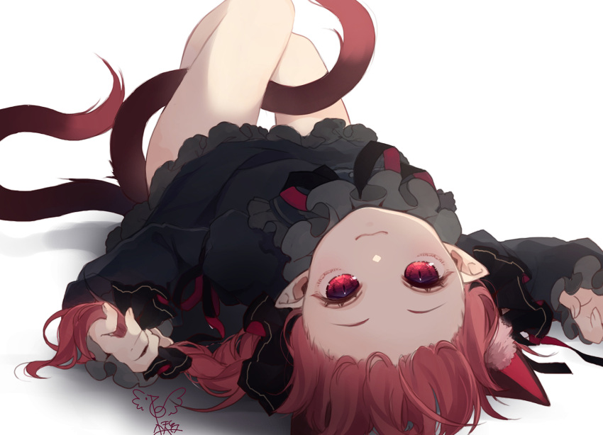 1girl :3 animal_ear_fluff animal_ears black_bow black_dress bow braid cat_ears cat_tail commentary_request dress forehead hair_bow highres kaenbyou_rin knees_up long_hair long_sleeves looking_at_viewer lying multiple_tails nekomata on_back pointy_ears red_eyes redhead shadow signature simple_background smile solo tail thighs touhou toutenkou two_tails white_background