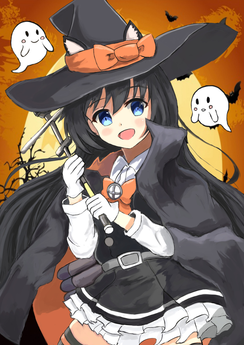 1girl 2others absurdres asashio_(kantai_collection) black_cape black_hair black_headwear blue_eyes cape commentary_request cowboy_shot dress faster_crisis frilled_dress frills full_moon ghost gloves hat highres kantai_collection long_hair long_sleeves looking_at_viewer moon multiple_others orange_neckwear orange_sky pinafore_dress remodel_(kantai_collection) searchlight shirt sky striped striped_legwear thigh-highs wand white_gloves white_shirt witch_hat
