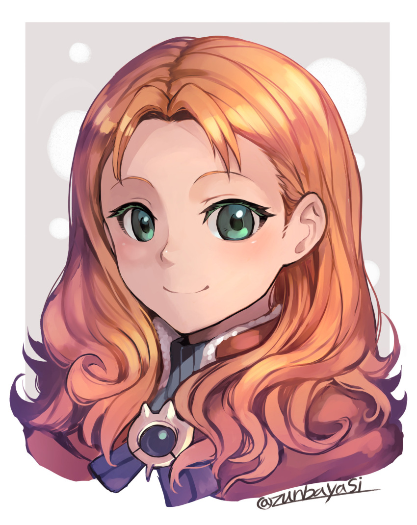1girl annette_fantine_dominic closed_mouth fire_emblem fire_emblem:_three_houses green_eyes highres long_hair nakabayashi_zun orange_hair simple_background smile solo twitter_username upper_body