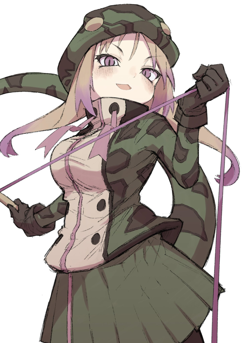 :3 african_rock_python_(kemono_friends) alenka black_gloves blonde_hair blush cowboy_shot drawstring eyebrows_visible_through_hair gloves gradient_hair green_skirt highres hood hood_up hoodie kemono_friends long_hair long_sleeves looking_at_viewer looking_down multicolored_hair open_mouth pleated_skirt print_hoodie purple_hair skirt smug snake_print snake_tail tail violet_eyes whip