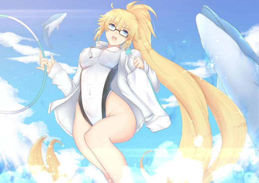 1girl :d absurdly_long_hair black-framed_eyewear blonde_hair blue_eyes blue_sky breasts cat_with_a_brush clouds covered_nipples day fate/grand_order fate_(series) glasses high_ponytail highleg highleg_swimsuit jacket jeanne_d'arc_(fate)_(all) jeanne_d'arc_(swimsuit_archer) large_breasts long_hair long_sleeves open_clothes open_jacket open_mouth outdoors shiny shiny_hair sky smile solo swimsuit very_long_hair whale whistle whistle_around_neck white_jacket white_swimsuit