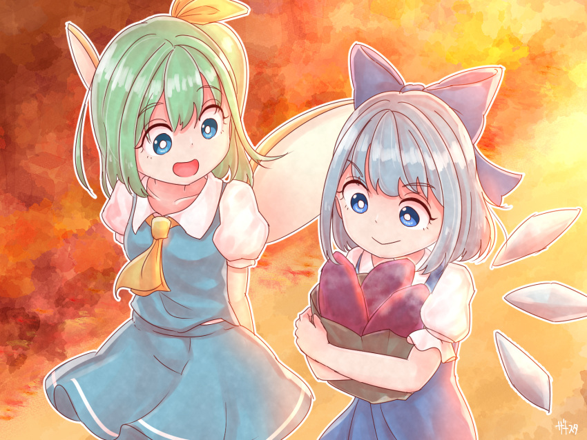 2girls :&gt; abstract_background arms_behind_back artist_name bag blue_dress blue_eyes blue_hair blue_skirt blue_vest bright_pupils cirno collarbone commentary_request cowboy_shot cravat daiyousei day dress eyebrows_visible_through_hair fairy_wings food from_above green_hair hair_ribbon highres holding holding_bag looking_at_another multiple_girls object_hug open_mouth outdoors paper_bag pinafore_dress puffy_short_sleeves puffy_sleeves ribbon shirt short_hair short_sleeves side_ponytail skirt steam sweet_potato touhou vest white_pupils white_shirt wings yellow_neckwear zanasta0810