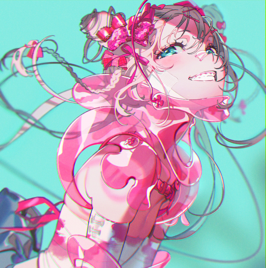 1girl absurdres aqua_eyes bandage_on_face bandages bandaid bandaid_on_nose blurry blush bow braces braid depth_of_field double_bun eyeliner flat_chest grin hair_bow hair_ornament hair_ribbon hairclip haori head_tilt highres japanese_clothes looking_at_viewer makeup neck_brace original other_focus ribbon sarashi see-through sequins shoulder_pads silver_hair simple_background skindentation smile solo upper_body v_arms yoneyama_mai