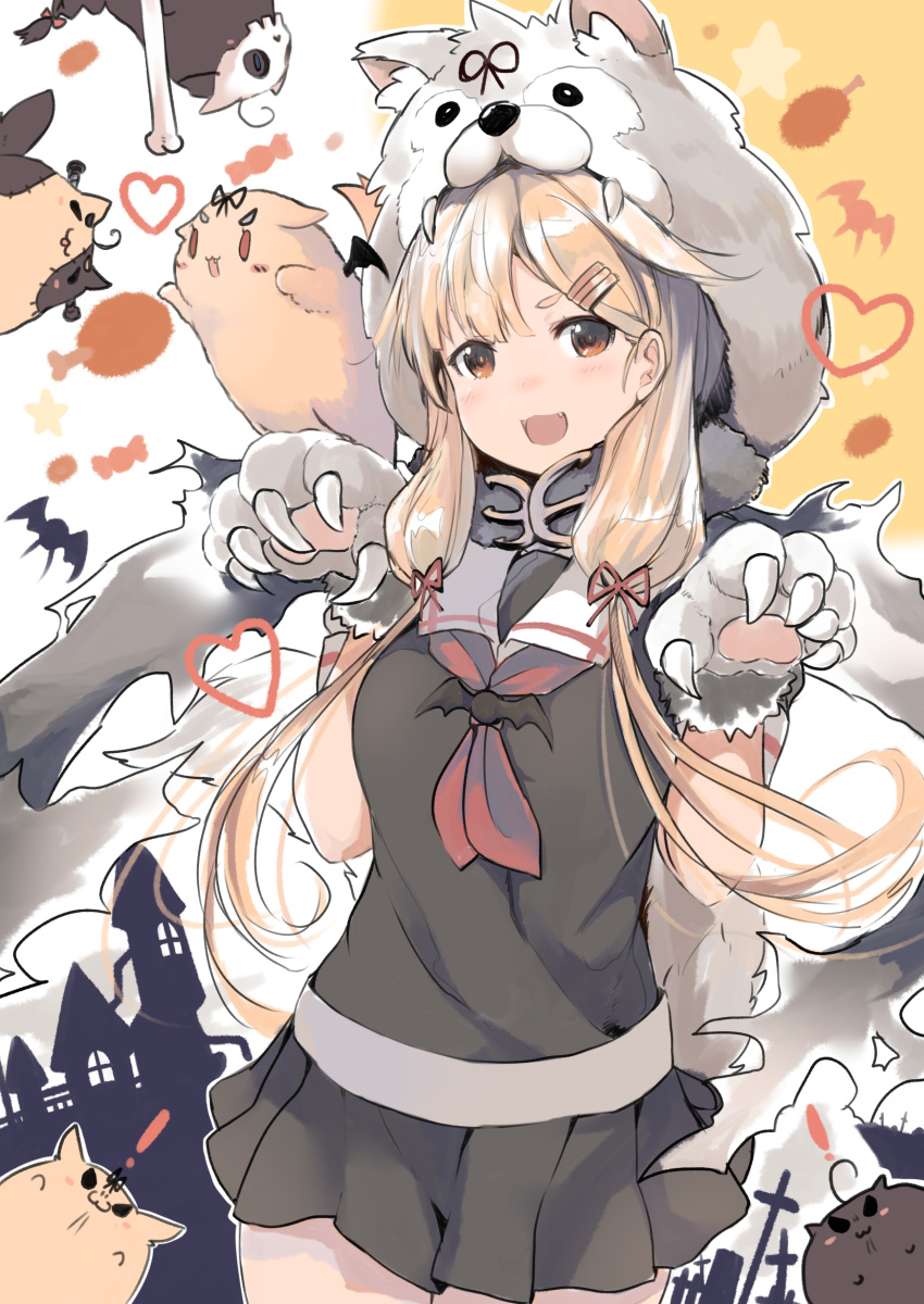 1girl 5others absurdres bat black_ribbon black_scarf black_serafuku black_skirt blonde_hair claws commentary_request cowboy_shot curled_fingers dyson_(edaokunnsaikouya) gloves hair_flaps hair_ornament hair_ribbon hairclip highres kantai_collection long_hair looking_at_viewer multiple_others neckerchief paw_gloves paw_pose paws pleated_skirt red_eyes red_neckwear remodel_(kantai_collection) ribbon sailor_collar scarf school_uniform serafuku skirt tail the_yuudachi-like_creature torn_scarf white_background white_sailor_collar wolf_hood wolf_tail yuudachi_(kantai_collection)