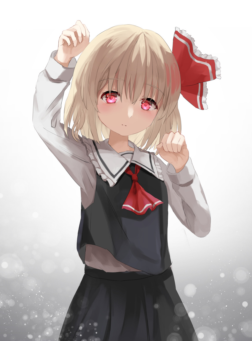 1girl absurdres ascot black_skirt blonde_hair frills grey_background hair_ornament highres long_sleeves looking_at_viewer nemu_kotatsu pleated_skirt red_eyes red_neckwear rumia shirt short_hair skirt solo standing touhou white_background white_shirt