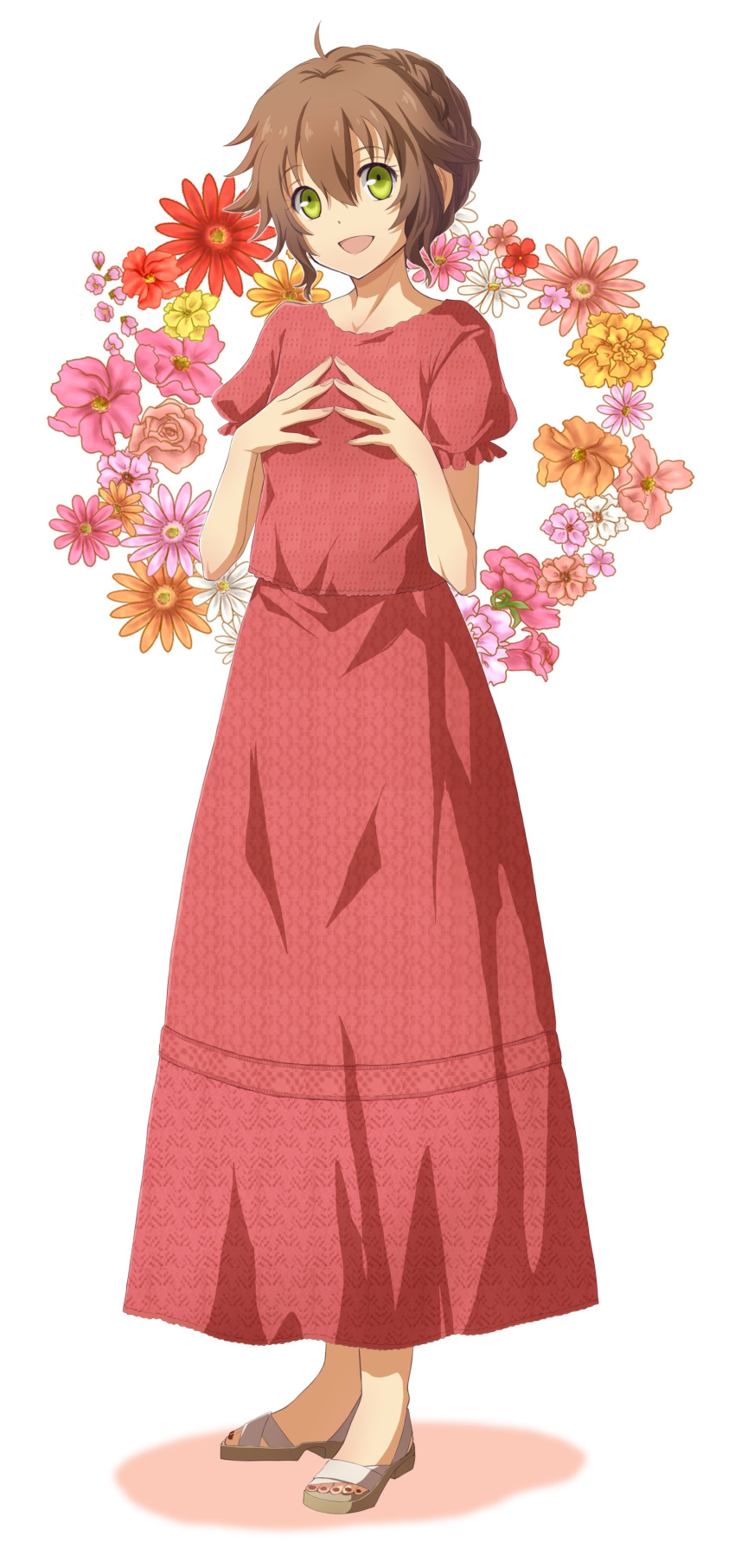 1girl :d absurdres ahoge aono_(aonocrotowa) braid braided_bun brown_hair character_request eiyuu_densetsu flower frilled_sleeves frills full_body green_eyes hair_between_eyes head_tilt highres long_skirt nail_polish open_mouth orange_flower pink_flower pink_nails print_skirt red_flower red_nails red_shirt red_skirt sen_no_kiseki shirt short_hair short_sleeves simple_background skirt skirt_set smile solo standing toenail_polish towa_herschel white_background yellow_flower