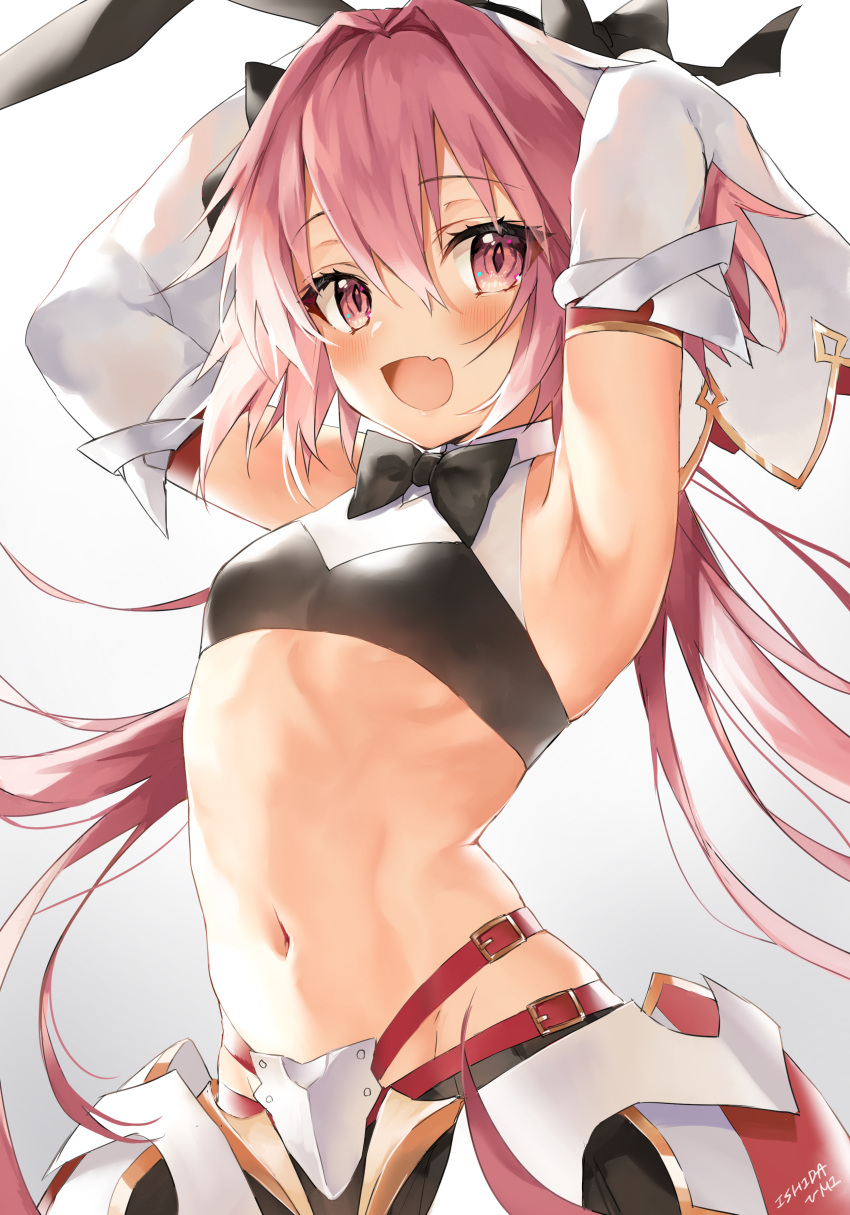 1boy :d absurdres armpits arms_behind_head artist_name astolfo_(saber)_(fate) black_hairband black_neckwear blush bow bowtie detached_sleeves eyebrows_visible_through_hair fang fate/grand_order fate_(series) gradient gradient_background grey_background hair_between_eyes hairband highres ishita_umi long_hair looking_at_viewer male_focus midriff navel open_mouth otoko_no_ko pink_eyes pink_hair smile solo tentacles