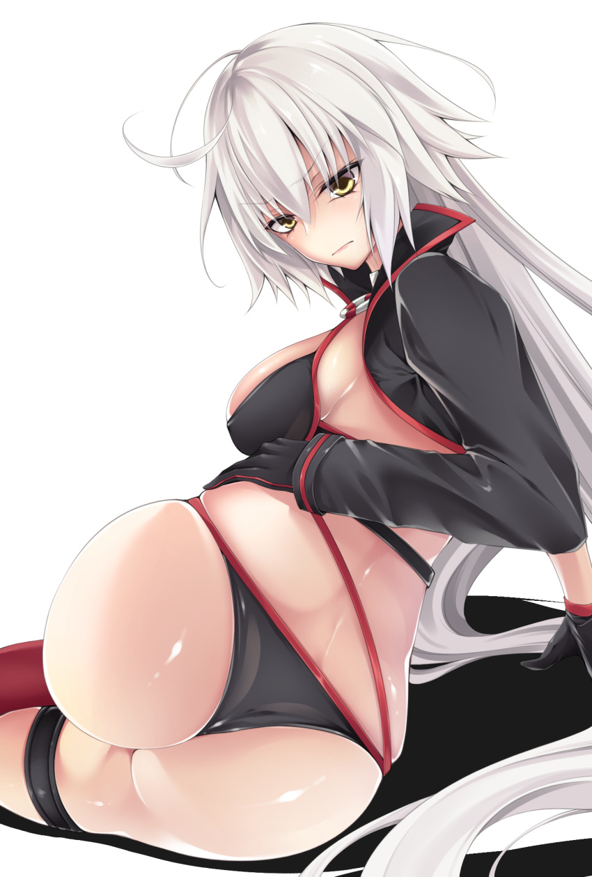 1girl ass back bangs bikini black_bikini black_gloves breasts chocomint725 eyebrows_visible_through_hair fate/grand_order fate_(series) gloves grey_hair hair_between_eyes highres jacket jeanne_d'arc_(alter_swimsuit_berserker) jeanne_d'arc_(fate)_(all) long_hair looking_at_viewer sitting solo swimsuit thigh_strap very_long_hair yellow_eyes