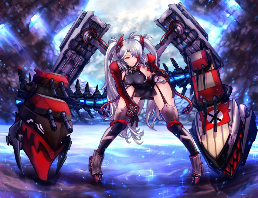 1girl ;) antenna_hair armpit_cutout azur_lane bangs blush boots breasts cannon eyebrows_visible_through_hair full_body hair_between_eyes hand_on_hip headgear highres iron_cross large_breasts leaning_forward leotard light_particles long_hair looking_at_viewer masayoshi mole mole_on_breast multicolored_hair one_eye_closed pelvic_curtain prinz_eugen_(azur_lane) red_eyes redhead rigging rudder_footwear shin_guards silver_hair smile solo standing standing_on_liquid streaked_hair thigh-highs two_side_up very_long_hair wide_sleeves