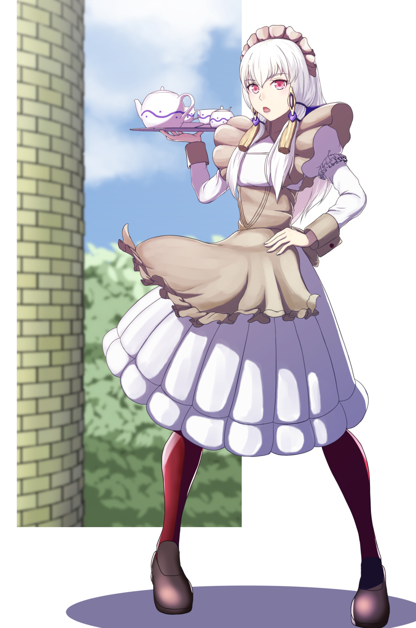 1girl absurdres cup fire_emblem fire_emblem:_three_houses full_body gzo1206 hair_ornament highres holding long_hair long_sleeves lysithea_von_ordelia maid maid_headdress open_mouth pink_eyes red_legwear solo teacup teapot tray white_hair