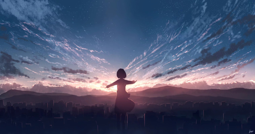 1girl backlighting building chinese_commentary city city_below clouds cloudy_sky commentary_request dark_clouds dress evening facing_away fog from_behind gradient_sky hill horizon landscape long_sleeves medium_hair mountain mountainous_horizon original outdoors outstretched_arms scenery signature silhouette sky skyrick9413 skyscraper solo star_(sky) starry_sky sun sunlight twilight wide_shot wind