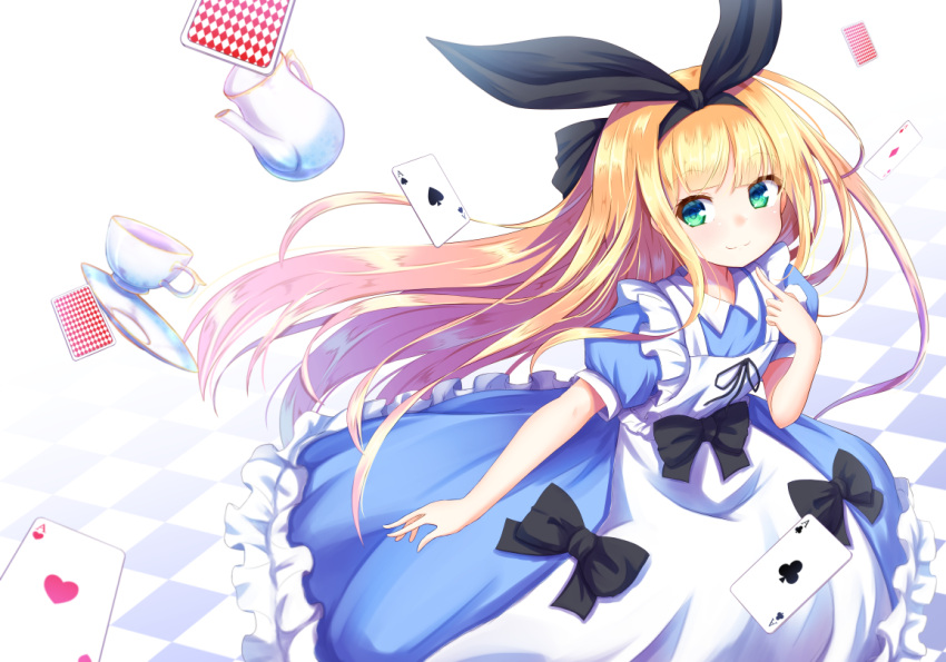 1girl ace_of_clubs ace_of_hearts ace_of_spades apron bangs baram black_bow black_ribbon blonde_hair blue_dress blunt_bangs blush bow card checkered checkered_floor closed_mouth club_(shape) collared_dress commentary_request cup dress eyebrows_visible_through_hair frilled_apron frilled_dress frills green_eyes hair_ribbon hand_up heart long_hair looking_at_viewer mononobe_alice nijisanji playing_card puffy_short_sleeves puffy_sleeves ribbon saucer short_sleeves smile solo spade_(shape) teacup teapot very_long_hair virtual_youtuber white_apron