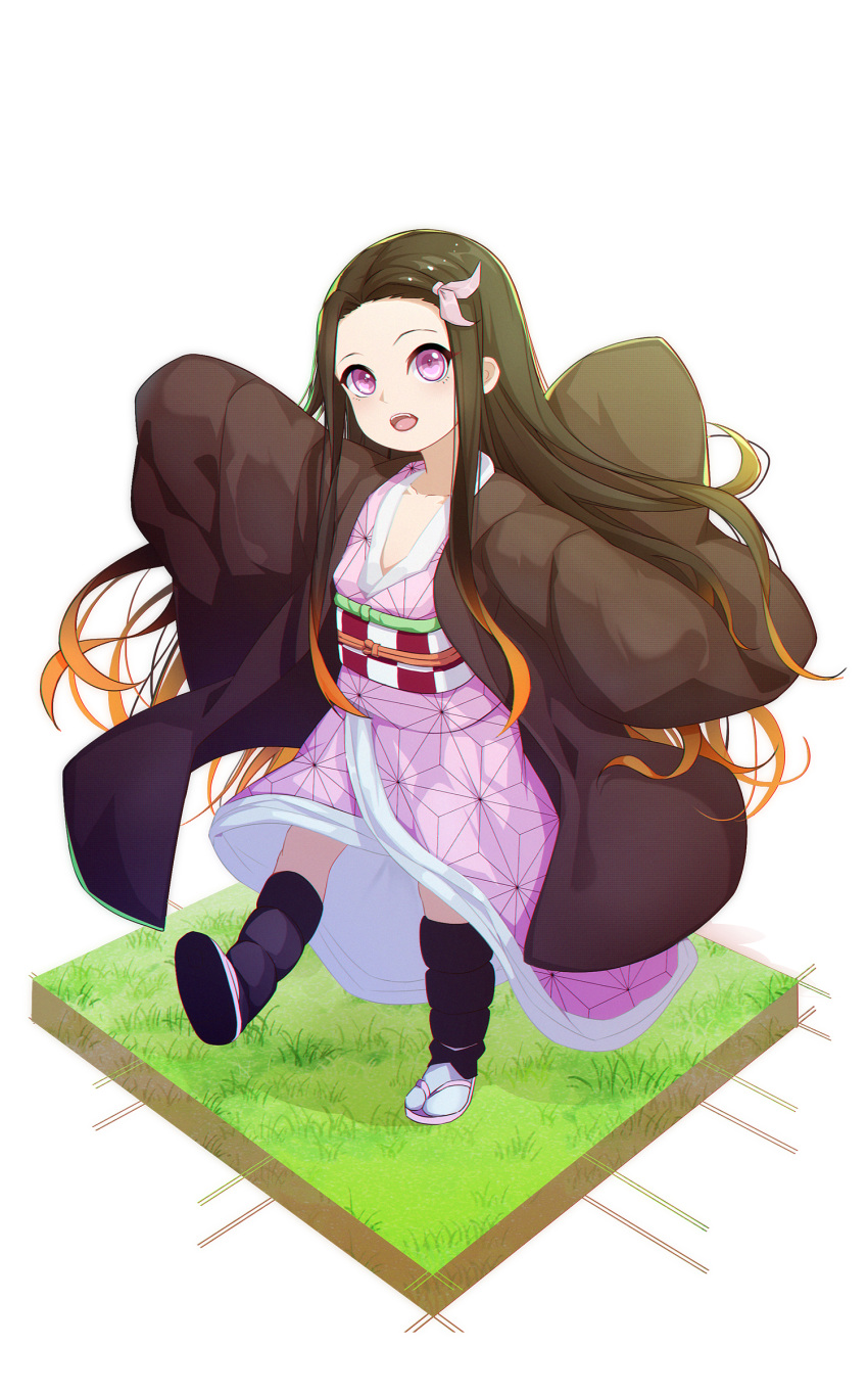 1girl absurdres bangs black_hair black_haori child full_body grass hair_ribbon haori highres japanese_clothes kamado_nezuko kimetsu_no_yaiba kimono leg_up lis_zhu_long long_hair long_sleeves looking_at_viewer multicolored_hair open_clothes open_mouth orange_hair parted_bangs pink_eyes pink_kimono pink_ribbon ribbon simple_background solo standing standing_on_one_leg two-tone_hair white_background wide_sleeves