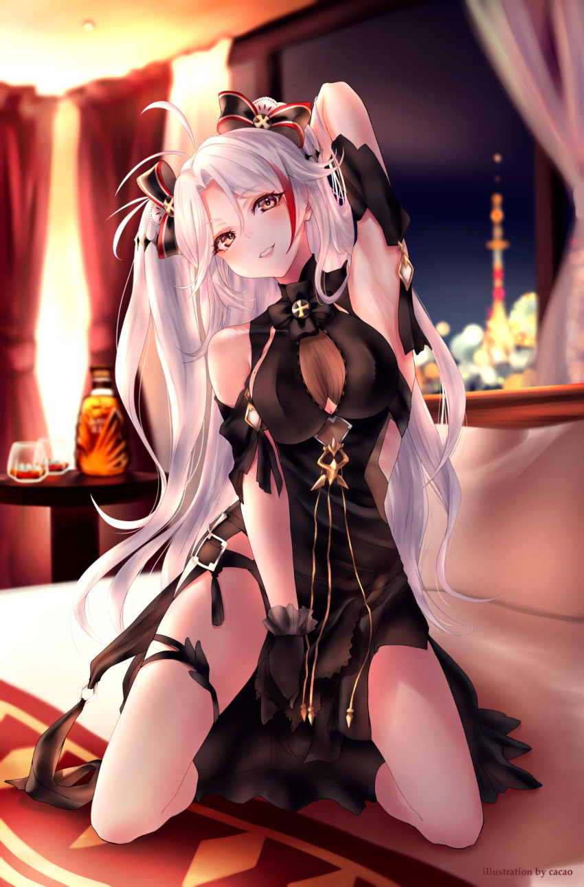 1girl alcohol antenna_hair armpits artist_name azur_lane black_dress black_gloves black_ribbon breasts caocaogelato cityscape cleavage_cutout curtains dress evening evening_gown gloves grin hair_ribbon hand_behind_head head_tilt highres indoors iron_cross kneeling large_breasts legs_apart long_hair looking_at_viewer multicolored_hair prinz_eugen_(azur_lane) prinz_eugen_(cordial_cornflower)_(azur_lane) ribbon see-through silver_hair smile solo streaked_hair thighs two_side_up window yellow_eyes