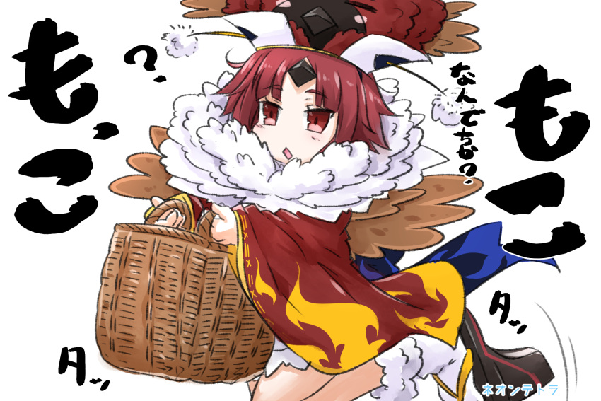 1girl :&lt;&gt; bangs basket benienma_(fate/grand_order) black_footwear blush brown_eyes brown_hair brown_headwear brown_kimono commentary_request eyebrows_visible_through_hair fate/grand_order fate_(series) hat highres holding holding_basket horn japanese_clothes kimono long_sleeves neon-tetora parted_bangs parted_lips platform_footwear simple_background sleeves_past_wrists socks solo standing standing_on_one_leg translation_request white_background white_legwear wide_sleeves