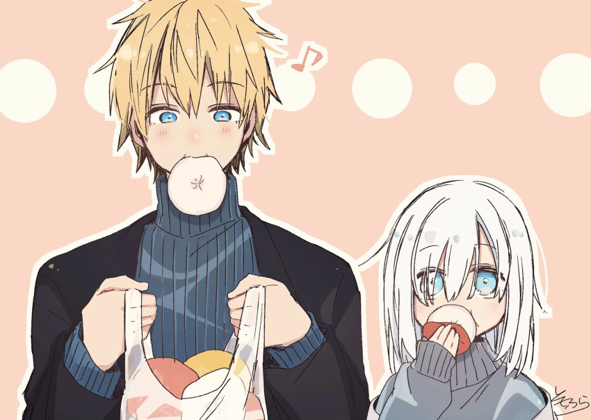 1boy 1girl ars_almal bag bangs baozi black_jacket blonde_hair blue_eyes blue_sweater brown_background closed_mouth commentary_request eating eighth_note ex_albio eyebrows_visible_through_hair food food_in_mouth grey_sweater hair_between_eyes highres holding holding_bag holding_food jacket long_hair long_sleeves mouth_hold musical_note nijisanji open_clothes open_jacket outline plastic_bag ribbed_sweater signature sleeves_past_wrists sofra sweater transparent turtleneck turtleneck_sweater upper_body virtual_youtuber white_hair white_outline